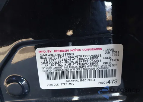 2011 Mitsubishi Outlander Sport Se from USA, damaged, VIN JA4AR4AU3BZ019864